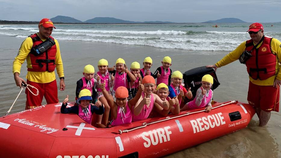 Crowdy Head SLSC Nippers in IRB with Justin Tullipan (left) and Rod Croker (right). Picture supplied.