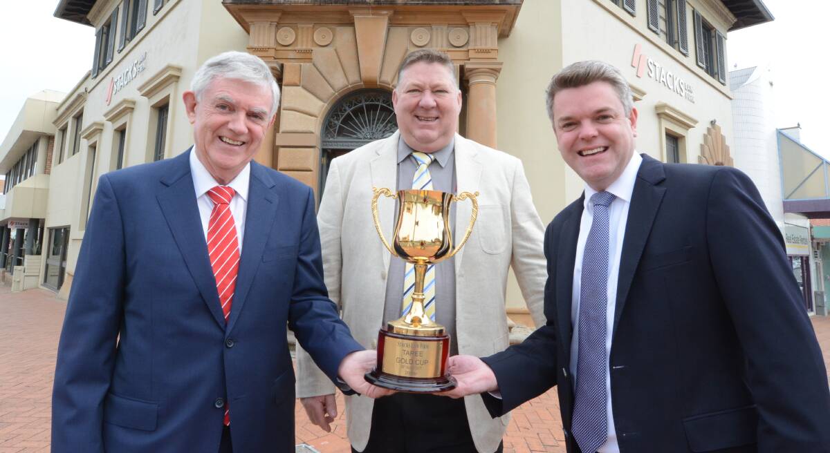 Taree-Wingham Race Club chairman Greg Coleman flanked by Tim and Justin Stacks from Stacks Law Firm - major sponsors of Sunday's Taree Gold Cup.
