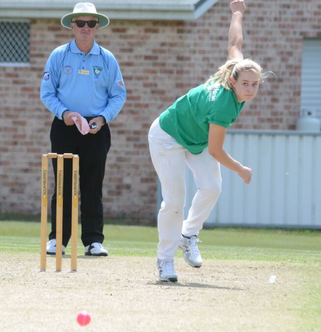 Maitlan Brown fires down a delivery playing in a T20 benefit game at Chatham Park in October. She'll debut for the Melbourne Renegades in the WBBL on Saturday.