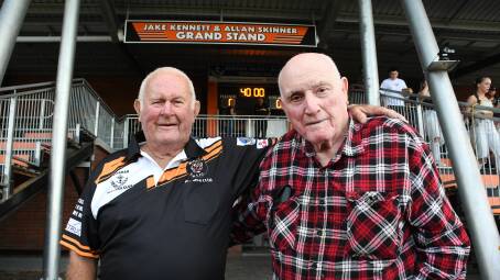 Icons honoured - Allan Skinner and Jake Kennett at the official naming of the grandstand at Regional Bank Australia Stadium
