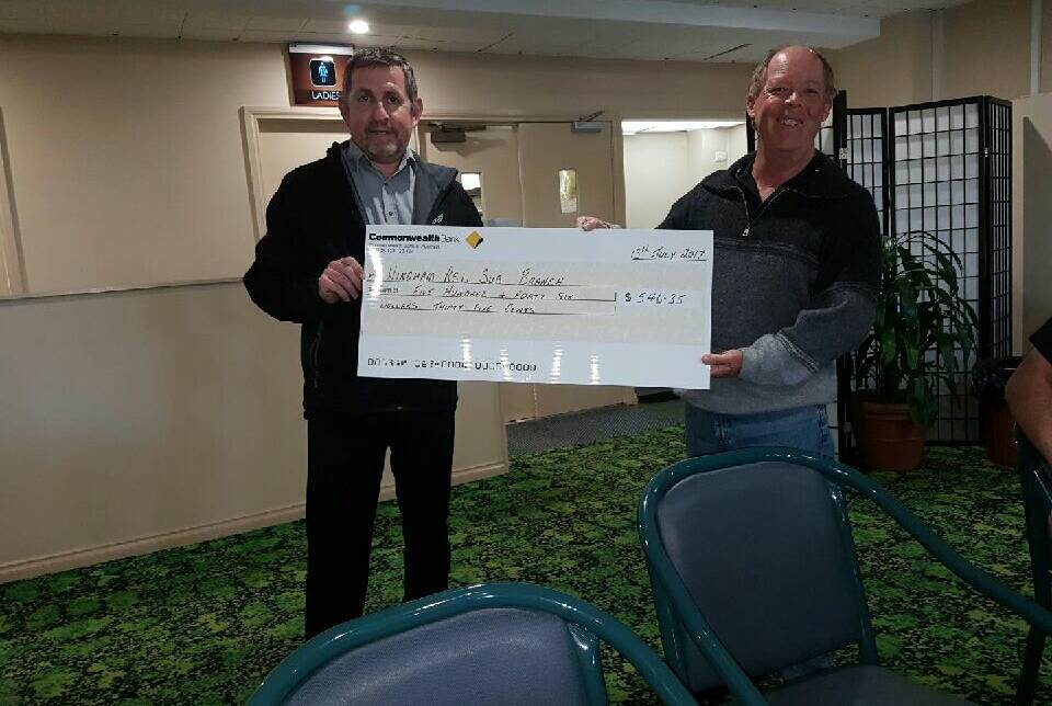 Wingham Memorial Services Club secretary manager Barry Murray presenting a cheque to president of the Wingham RSL Sub-branch Lloyd Parker Manderson.