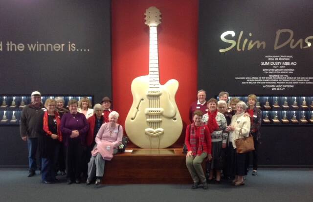 Visiting the Slim Dusty Centre in Kempsey were Wingham Probus members:
From left (left side of guitar) Chris Maher, Pam Murray, Anne Maher, Maureen Mears, Jana Sadlik, Rosalie Jukes, Ray Mears and Joan Dickerson. From left (right side of guitar):
Robin Gibson, Ray Spackman, Iren Henderson, Jac Hyde, Hilary Spackman, Shirley McKeough, Joan Forrester and Barbara Rattray.