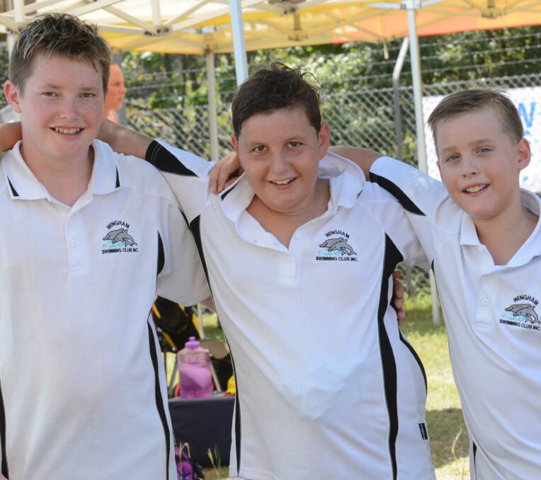 Wingham swimmers Lucas Kloosterhof, Damien Manks and Joshua Wicks at the Wingham NSW North Coast Swimming Qualifying Carnival.