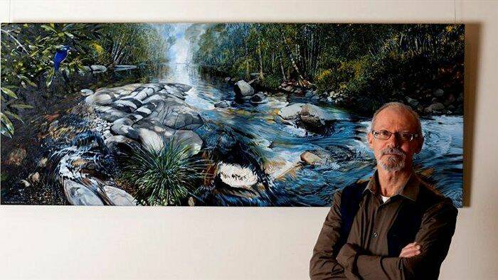 Fundraiser: Peter Schouten AM will be donating one of his paintings to be auctioned to raise funds for Manning Valley Push for Palliative. Peter is pictured with his artwork 'Bobin Creek.'  Photo: Ashley Cleaver