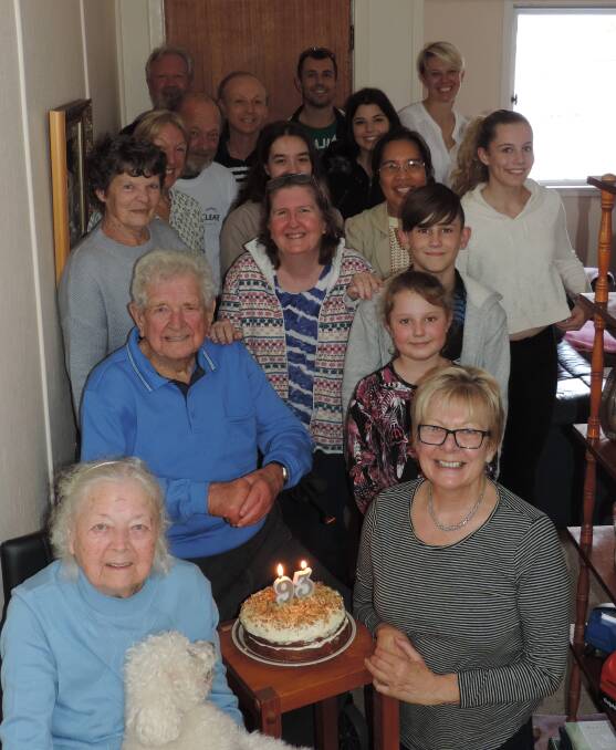 Les Reeves celebrates his 93rd birthday with family including wife Hazel and children (behind left) Rhonda, Lorrae, Gordon, Ian, Max and Lesley (front right).