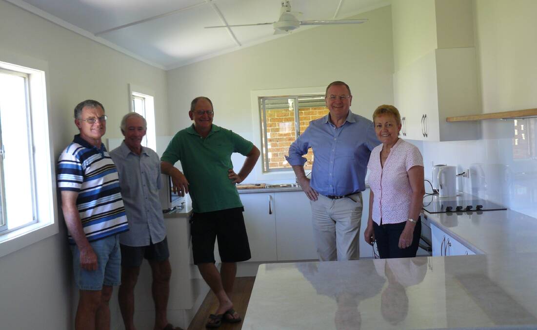 Member for Myall Lakes Steven Bromhead (second from right) checking out the new kitchen at Marlee Hall with hall volunteers Ken Cameron, John Gillogly, Neil Moore and Jennie Cameron.
