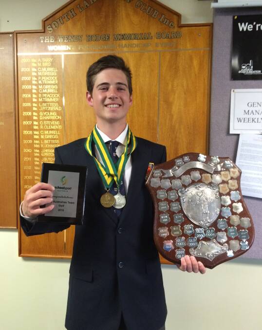 Honours team: Wingham High School golfer Reid Brown with his cache of awards won at the All Schools National Championships in Adelaide last week.