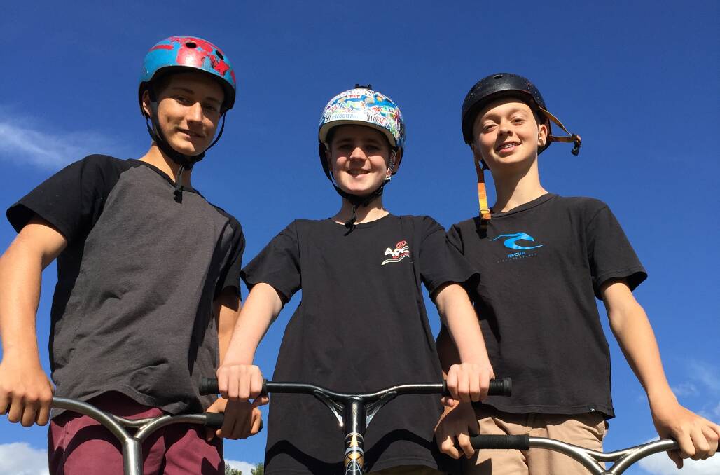 Wingham freestyle scooter riders and You Tubers Harry Lee, Harry King and Finn Farland at Wingham Skate Park.