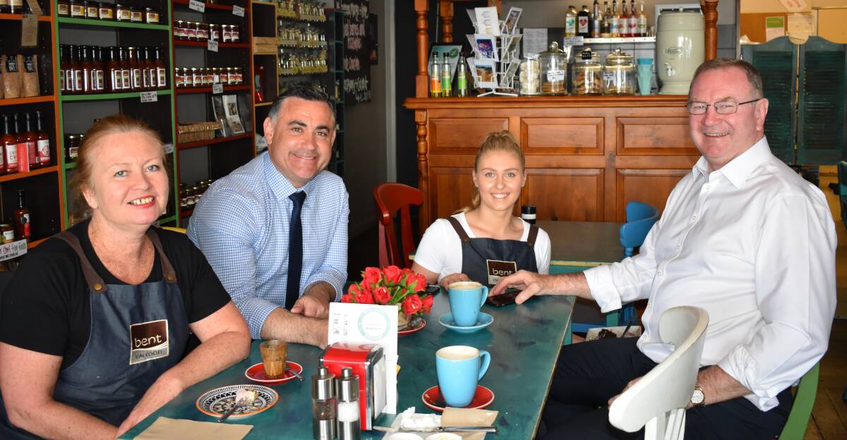 Food trail: Donna Carrier, Deputy Premier of New South Wales John Barilaro, Tori Stinson and Member for Myall Lakes Stephen Bromhead at Wingham's Bent on Food.