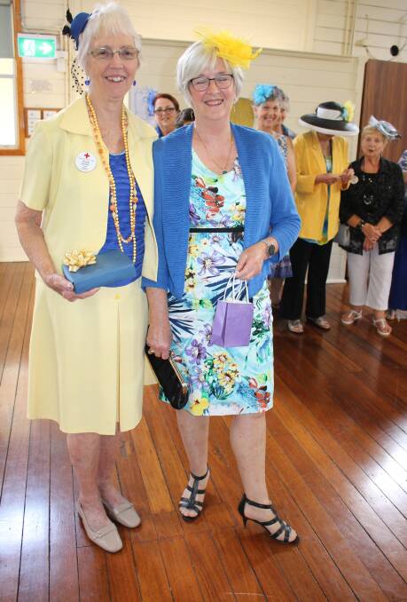 Stylish: Best dressed lady Helen Halsey of Taree Red Cross and Carol Ericksson of Taree Quota Club wearing best hat at Tinonee Red Cross Melbourne Cup Day.