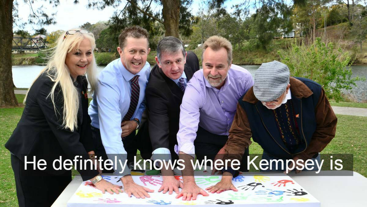 Real Futures managing director Wendy Yarnold, the member for Cowper and Assistant Minister for Employment Luke Hartsuyker, John McNamara from employment service provider Generation One, federal Indigenous Employment Minister Nigel Scullion and Uncle Bob Smith in Kempsey in 2014