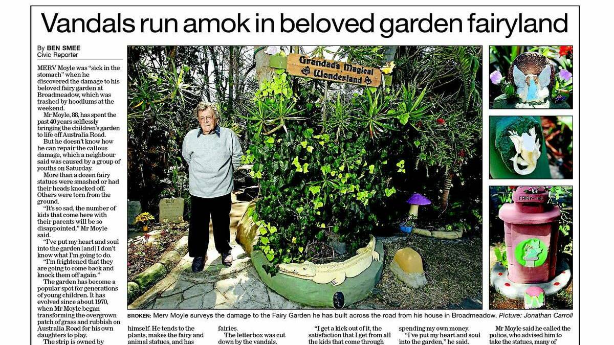 THEN AND NOW: The Newcastle Herald's 2012 report on the incident that left the garden damaged. 