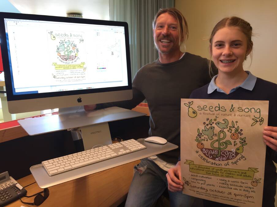 Wingham High School student Georgia Hudson holds the poster for 'Seeds & Song'. The event branding was created and gifted to Georgia by Well Creative partner, Chris Fagerstrom to support her Youth Frontiers project.