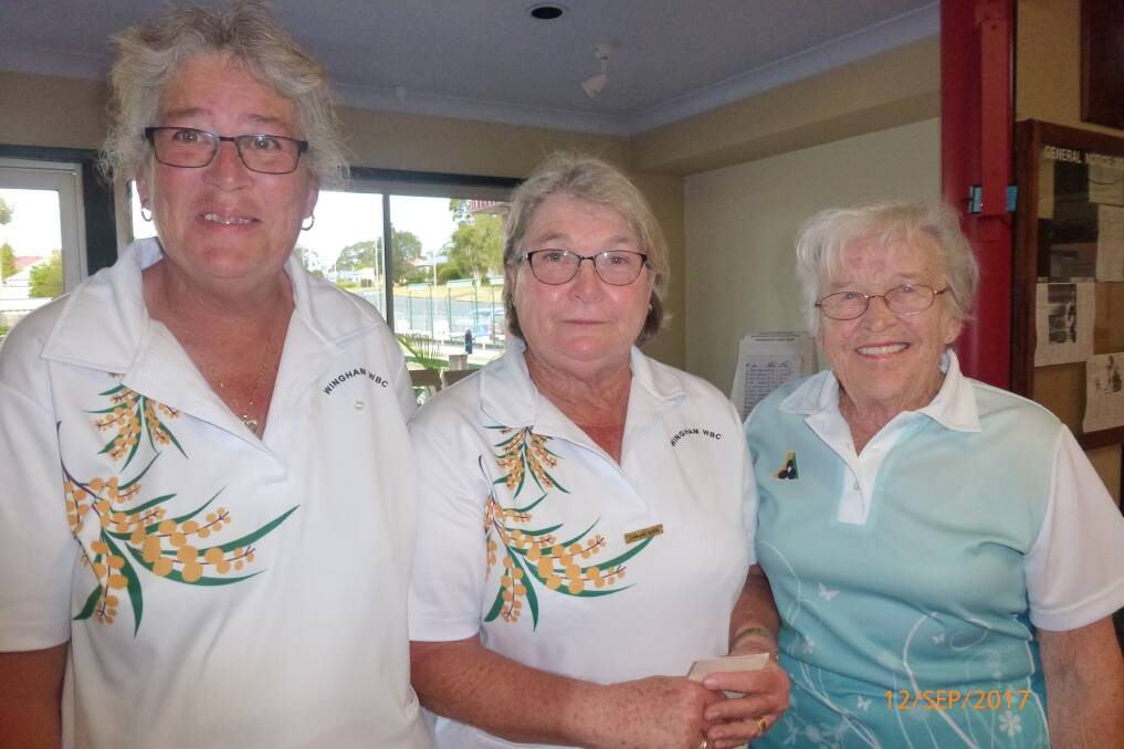Well done: Winners of the Wingham Open, from left: Alana Burns and Lorraine Rothe are congratulated by sponsor Wingham Women's Bowling Club patron Noreida Fotheringham OAM.