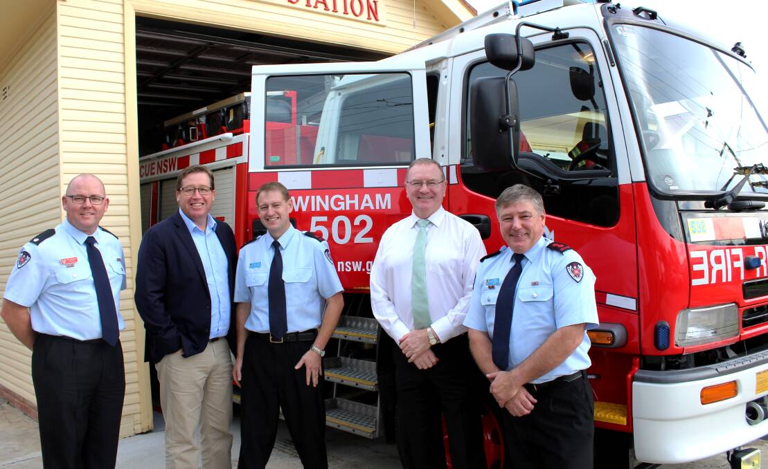 Minister for Emergency Services Troy Grant (second from left) with FRNSW’s Tony Lenthall, Michael Davy and David O’Donnell and Member for Myall Lakes Stephen Bromhead.