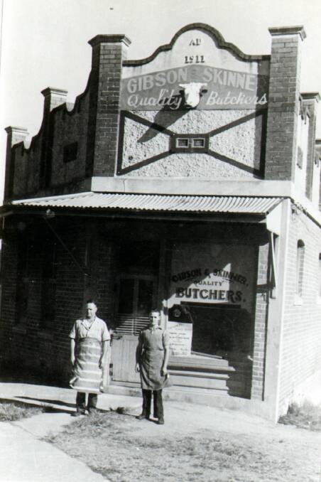 Tom Skinner and Enis Gibson standing in front of their business, Gibson and Skinner Quality Butchers, c1940. Photo courtesy of Manning Valley Historical Society.