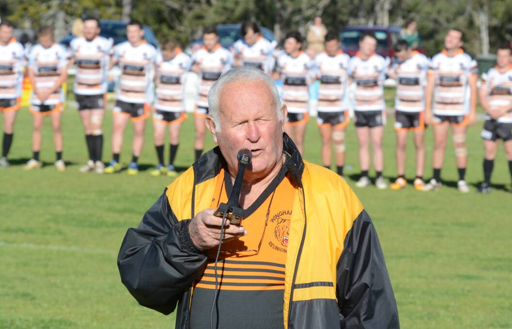 Vale Mockles: Wingham Tigers life member Alan Skinner pays tribute to Maurice "Mockles" Greenaway. Maurice was a player with the Tigers for many years and was also a water boy for the team for more than 18 years. Maurice passed away last week and the team held a minute's silence in his honour before the first grade game on Saturday. Photo: Scott Calvin.