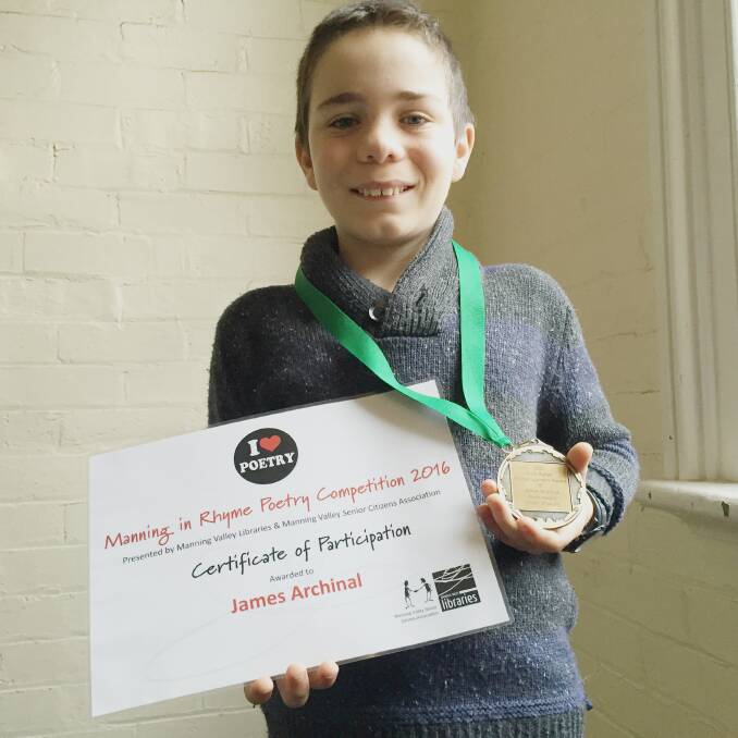 Spiffy medal: "I felt awesome," James said on being invited to attend the presentation of the Manning in Rhyme awards and receiving an encouragement award.