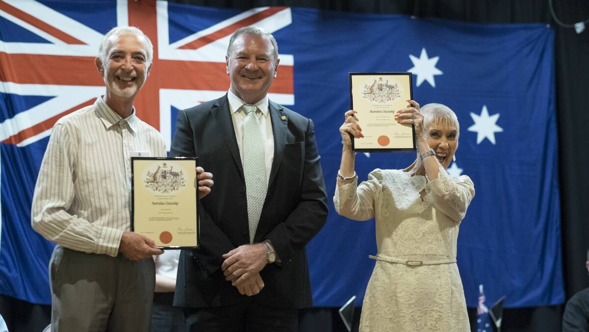 Alan and Patricia Winston are congratulated by MP Steve Bromhead on becoming Australian citizens at the Great Lakes 2016 ceremony.