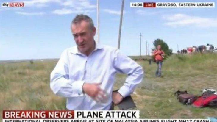Sky reporter Colin Brazier at the crash site of MH17 in eastern Ukraine. Photo: @RadioTimes / Twitter