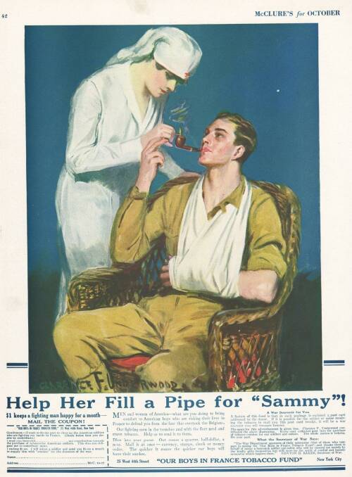 Help her fill a pipe: World War I tobacco fund plea.