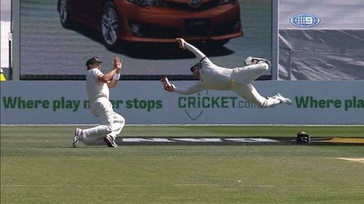 Australia made a superb start to day three of the Boxing Day Test, courtesy of Brad Haddin's stunning catch off Ryan Harris to remove Cheteshwar Pujara. Photo: Channel Nine
