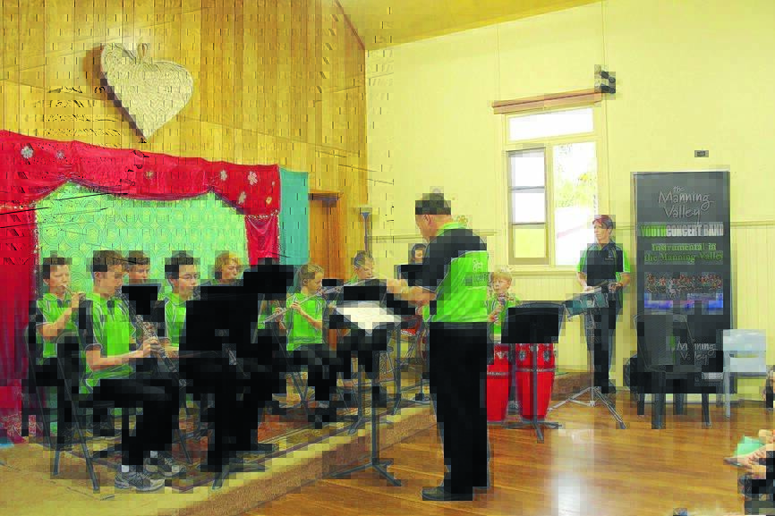 The Manning Valley Youth Concert Band performing recently at a concert in Wingham. Pictured: Mr Robert Hartup conducting, clarinets Miguel Gutheridge and Mitch Brown, flutes Yolanta Gutheridge and Hannah Hartup, percussion Alex Hartup, cow bell Tanya Brown, trumpet Conor Langley and Thomas Neale, baritone sax Joel Bowman, drum kit Becky Wright.
