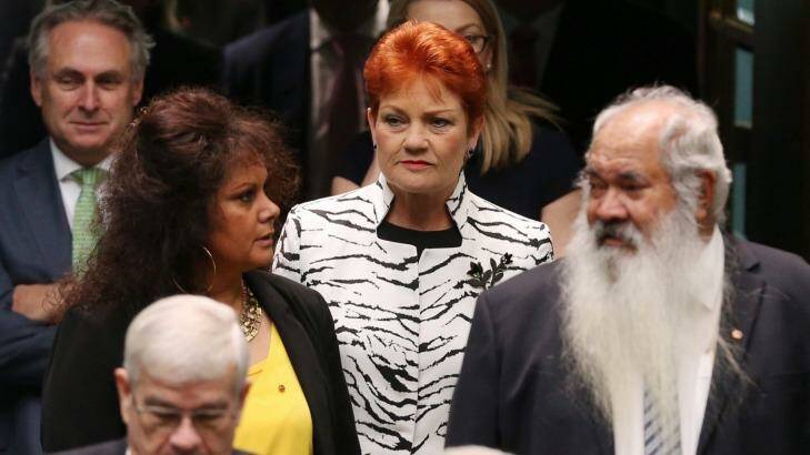 Senator Pauline Hanson enters the House of Represenatives for the address of Prime Minister of Singapore Lee Hsien Loong last week. Photo: Andrew Meares