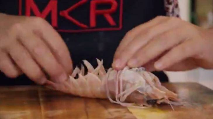 Eva doesn't like the scampi's "weird guts". Photo: Channel 7