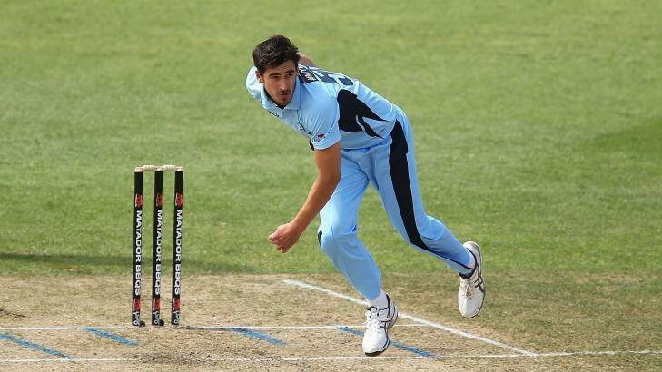 Express delivery: Mitchell Starc bowls during the Matador Cup match between NSW and South Australia at North Sydney Oval. Photo: Brendon Thorne