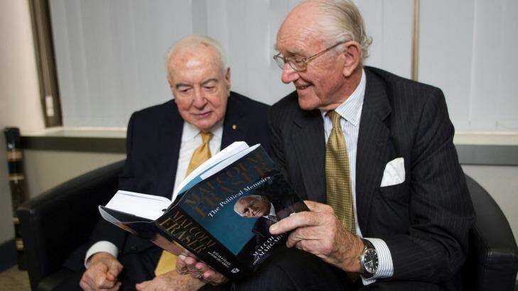 Gough Whitlam and Malcolm Fraser during the latter's 2010 book tour. Photo: Bruce Postle