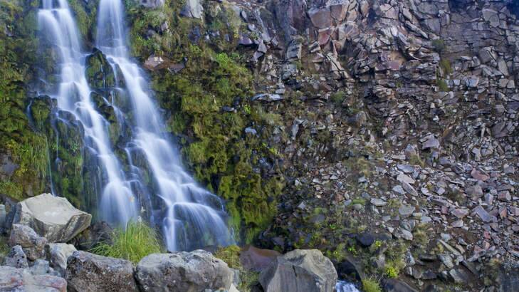 Waterfall beside Oturere Hut on the Tongariro Northern Circuit. Photo: Andrew Bain