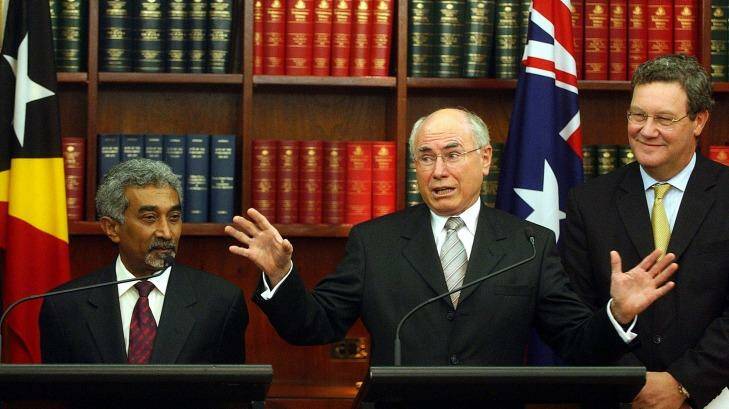 East Timor's then prime Minister Mari Alkatiri with John Howard and Alexander Downer in 2006 after signing a "Treaty on Certain Maritime Arrangements in the Timor Sea". Photo: MickTsikas