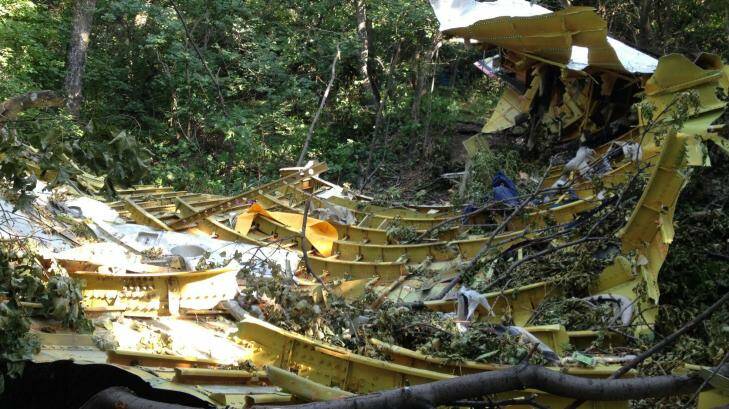 MH17: Inside the section of fuselage - peeled open in a dense thicket of trees. Photo: Paul McGeough