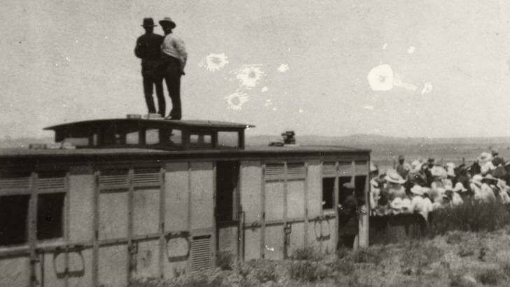 The Manchester Unity picnic train attacked by 'Turks' at Broken Hill on New Year's Day 1915.
Photograph: Broken Hill City Library. Photo: Broken Hill City Library.
