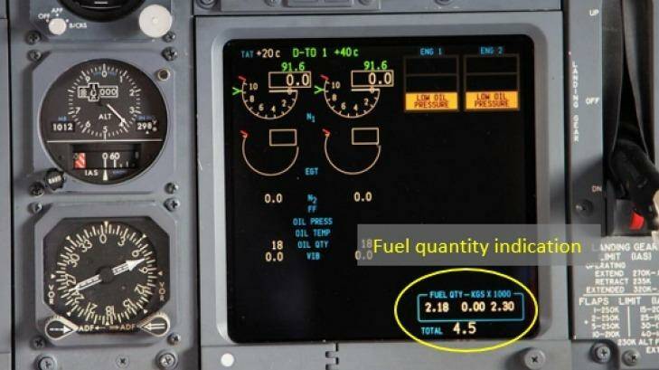 Location of the fuel quantity indication on the upper display unit (circled in yellow). Photo: Australian Safety Transport Bureau