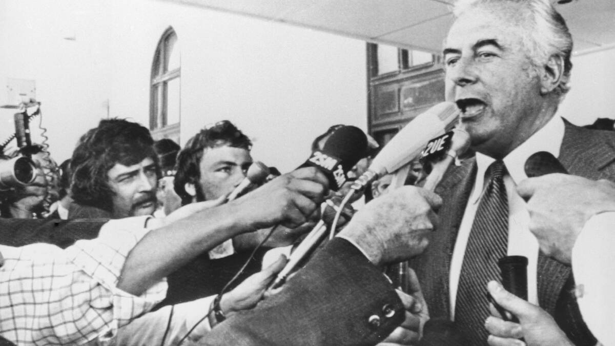 During Australia's constitutional crisis of 1975, Prime Minister Gough Whitlam addresses reporters outside the Parliament building in Canberra after his dismissal by Australia's Governor-General, 11th November 1975. Kerr named opposition leader Malcolm Fraser to lead a caretaker government until elections in December. Pic: Keystone/Hulton Archive/Getty Images