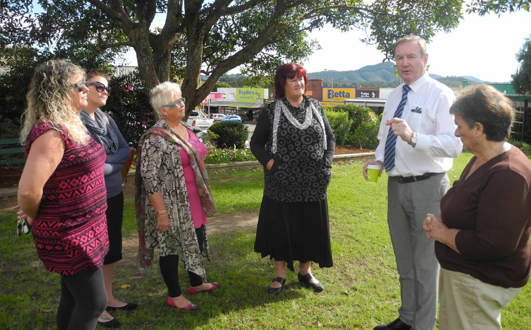 Concerned residents Michelle Bird, Nikole Honner, Mary Pilotto, Elaine Turner and Coral Lockrey in discussion with Member for Myall Lakes Mr Stephen Bromhead.
