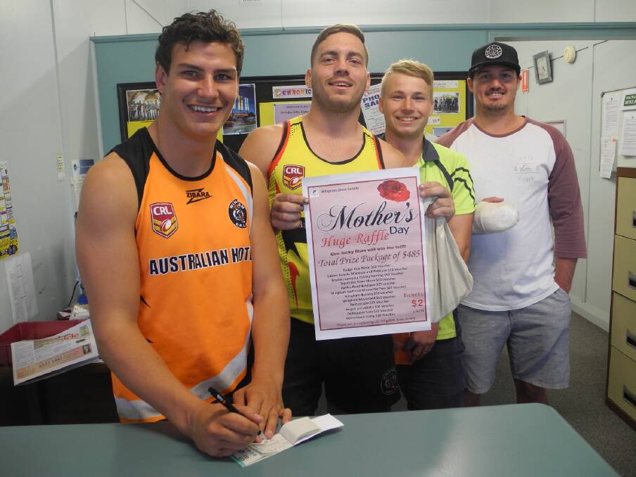 Wingham Tigers Tim Bridge, Kurt Lewis, Mitch Collins and Luke Steel popped in to the Wingham Chronicle offices to buy tickets in the Wingham Show Society Mothers Day raffle.