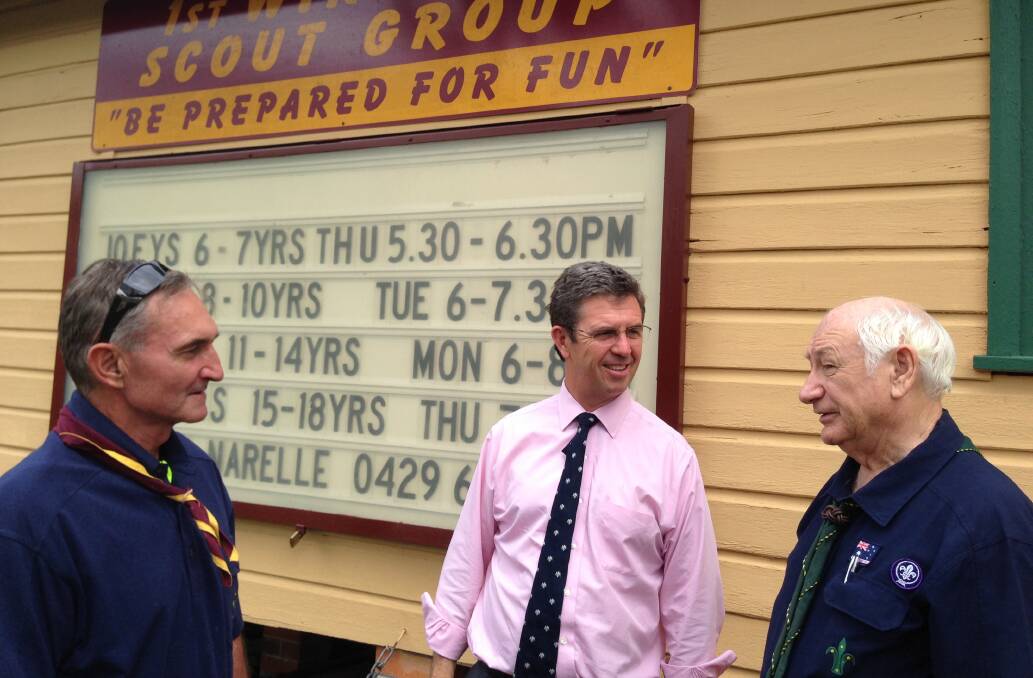 District Scout Leader Michael Brayne, Dr David Gillespie and Scouts District Commissioner Stan Woodrow at the Wingham Scout Hall