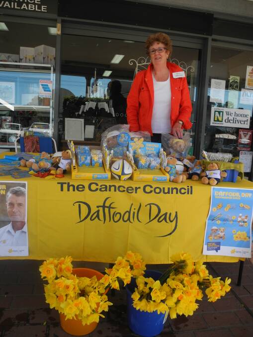 Frances Barberie selling daffodils and other Daffodil Day merchandise outside Wingham Newsagency last Friday.