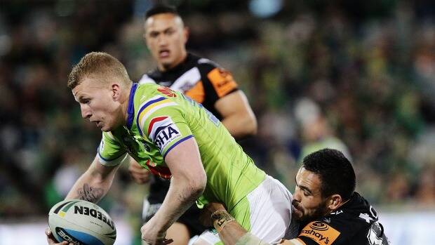 Mitch Barnett in action for the Canberra Raiders during his NRL debut this season. The Wingham junior has enjoyed a stellar season and was named the VB NSW Cup player of the year and also in the team of the year. Photo credit Stefan Postles, SMH