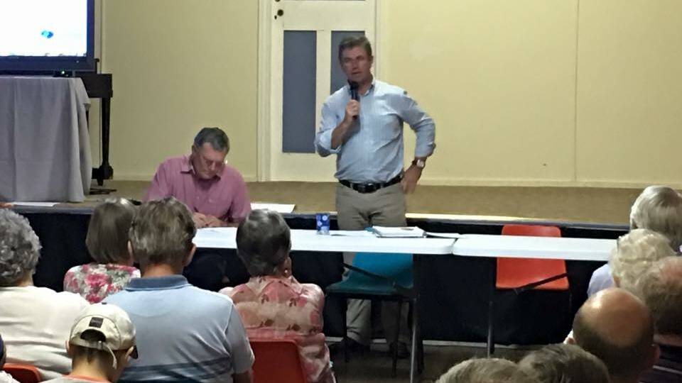 Federal member for Lyne Dr David Gillespie addressed the meeting of 120 concerned local residents at the Marlee Hall meeting.