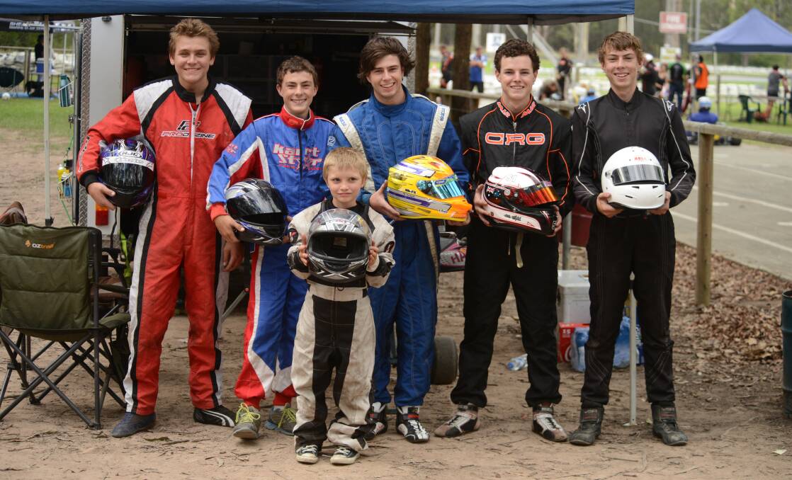 Ready to race: Sam Vanleeuwestyn, Zac Stocks, Reagan Angel, Gus Flynn, Todd Stocks, and Riley Rouse at the TAG super series round at the Wingham track. 