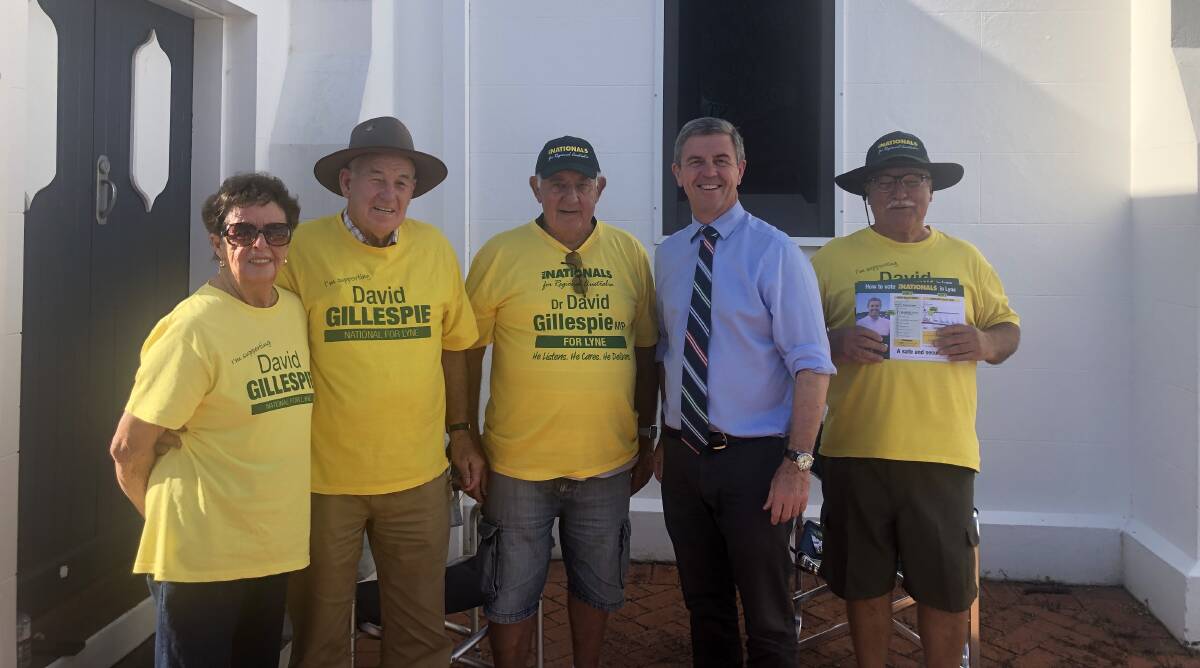 Teamwork: Dr David Gillespie MP in Taree with some of his campaign volunteers, Anne Taylor, Allan Richards, Mal McPherson and Steve Ellis.