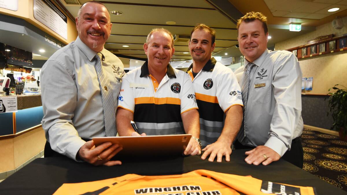 Ron Sullivan (left) and Craig Madeley from major sponsors, Wingham Services Club, flank president Scott Blanch and new captain-coach Mick Sullivan.