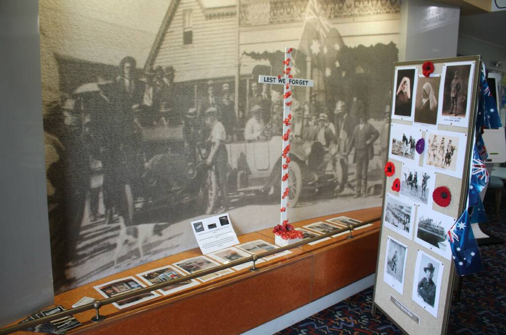 Manning Valley Historical Society has set up an excellent Anzac display in the foyer of the Wingham Memorial Services Club. Picture by Pam Muxlow.