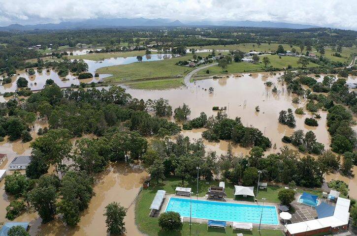 March 2021 flood: Wingham pool surrounded by a swollen Cedar Party Creek. Photos by Jai Tisdell.