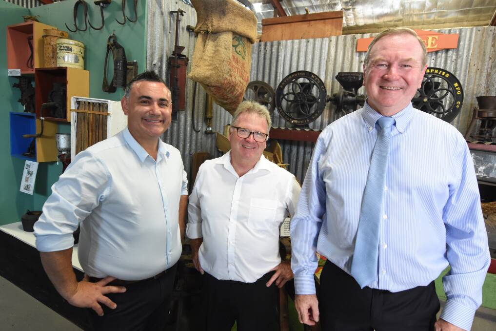 NSW Deputy Premier John Barilaro, Manning Valley Historical Society president Neale Greenaway, and Member for Myall Lakes Stephen Bromhead at Wingham Museum. Photo: Scott Calvin