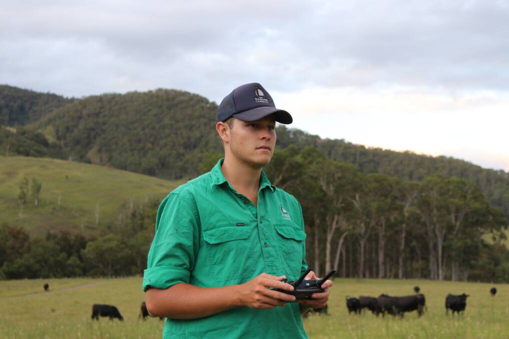 Jack Laurie uses a drone of the family farm in Moppy, west of Gloucester. Photo supplied